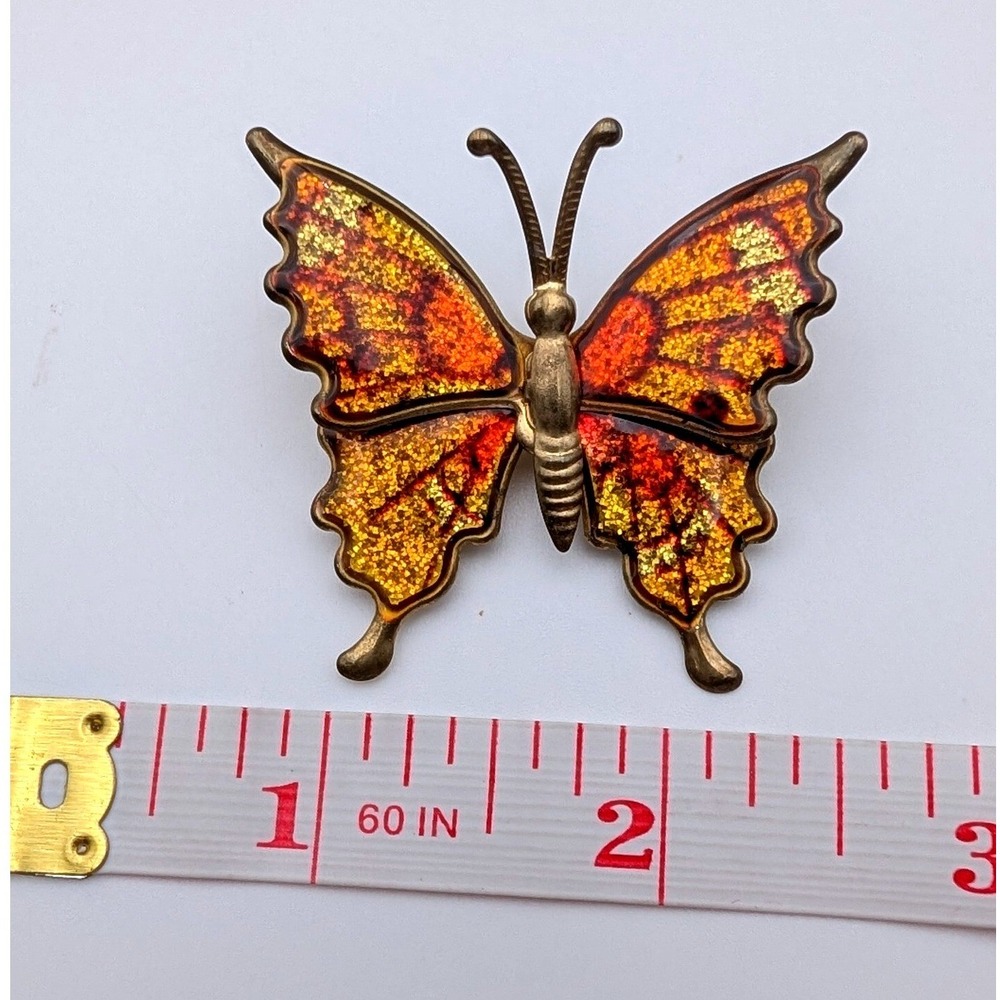 Vintage Orange Yellow Enamel Butterfly Brooch Gold Tone Glitter Wing Pin